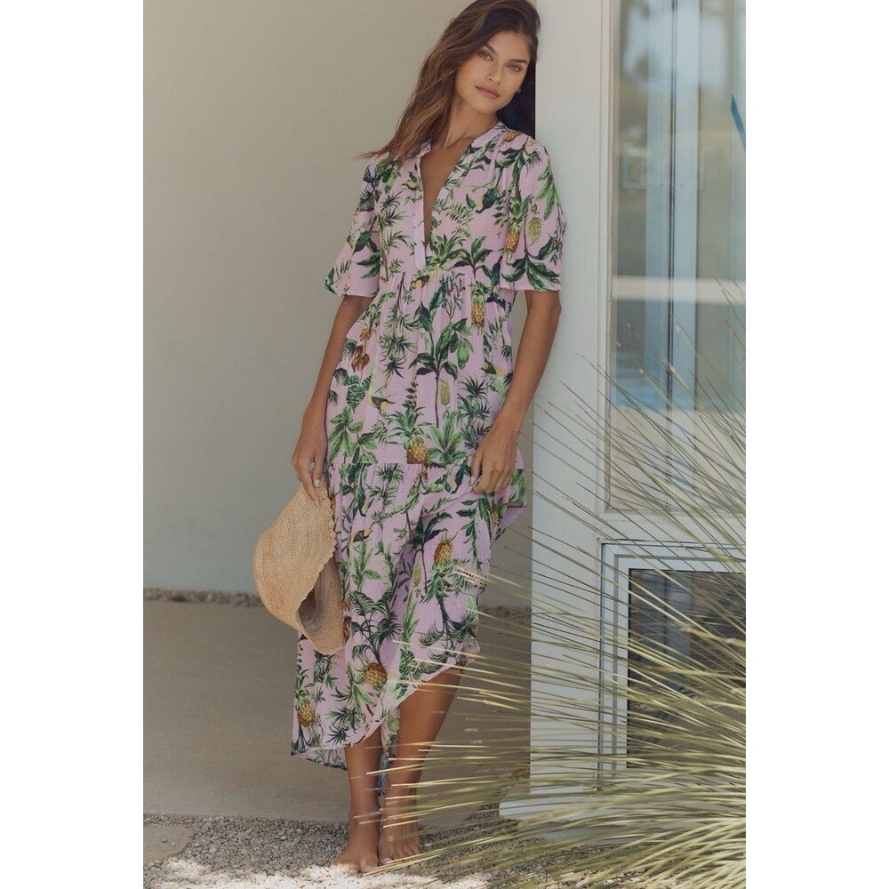 Anthropologie Pink Tropical Print Maxi Dress NWT